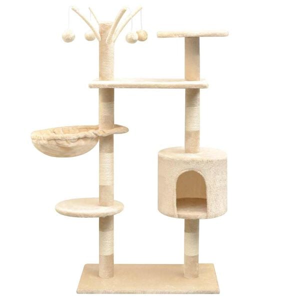 Arbre à chat beige 125 cm avec niche, hamac et jouets