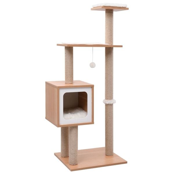 Arbre à chat bois et blanc 123 cm avec niche et coussins