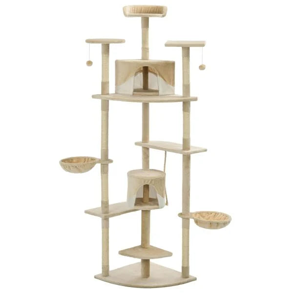 Grand arbre à chat beige et blanc 203 cm, niches et paniers