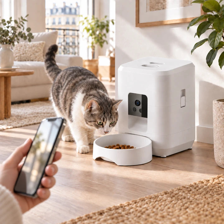 Un téléphone consulté près du distributeur blanc avec caméra et d’un chat tigré