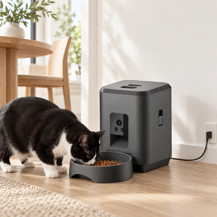 Chat noir et blanc mangeant des croquettes dans la gamelle du distributeur avec caméra noir