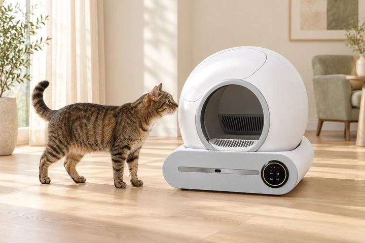 Un chat découvre l’entrée circulaire du bac installé sur un sol dur dans une pièce claire
