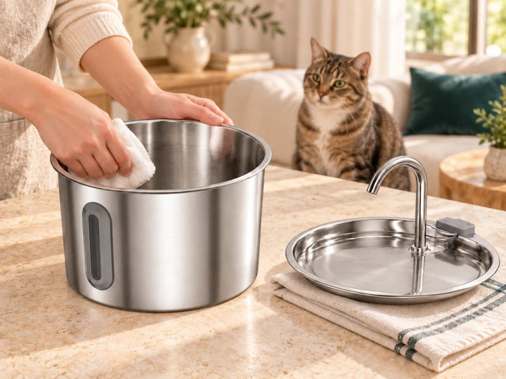 Nettoyage de l’intérieur de la cuve inox, plateau et bec retirés à côté