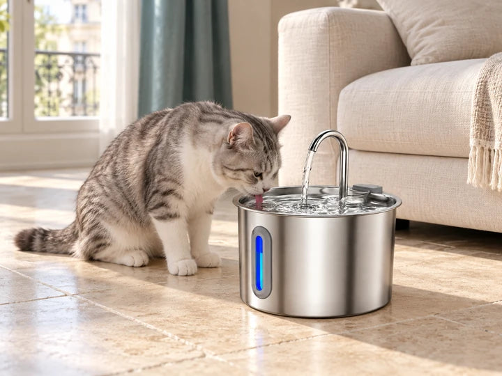 Fontaine inox installée dans un coin calme d’un intérieur
