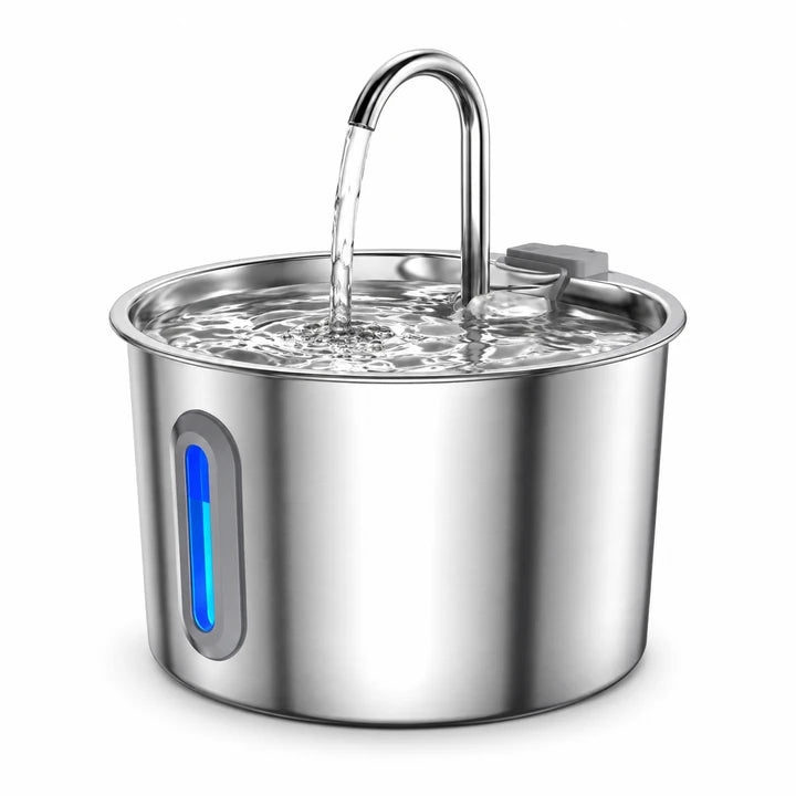 Fontaine inox avec bec arrondi et fenêtre verticale de niveau, sur fond blanc.