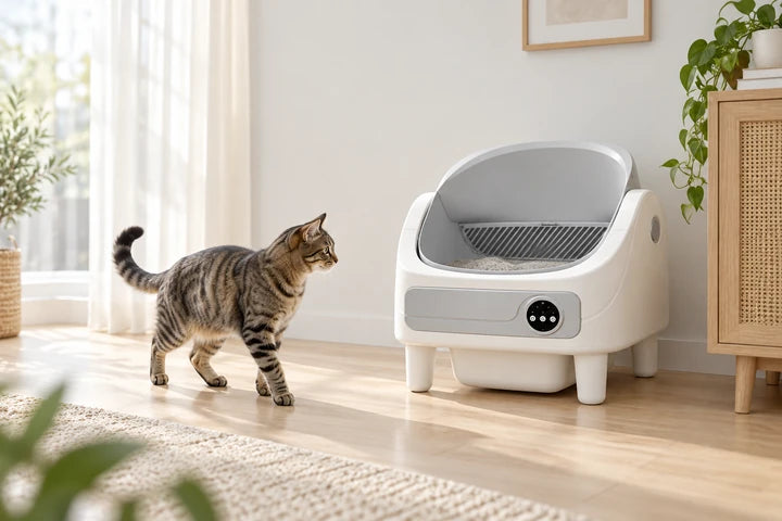 Chat observant la litière automatique ouverte dans une pièce claire