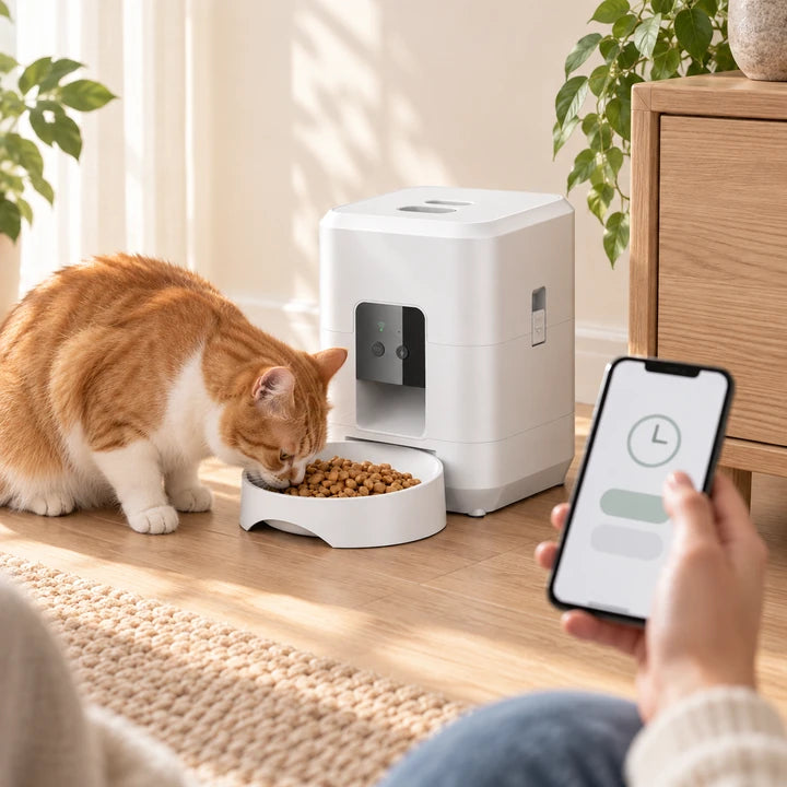 Un chat roux mange dans la gamelle du distributeur Wi-Fi blanc ; au premier plan, un téléphone montre un écran illustratif