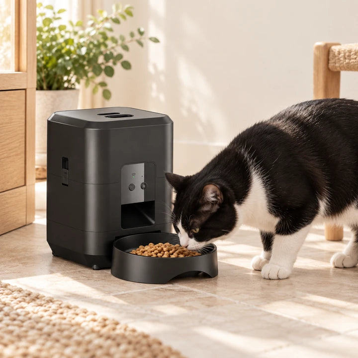 Un autre chat, noir et blanc, s'approche de la gamelle du distributeur Wi-Fi noir contenant des croquettes